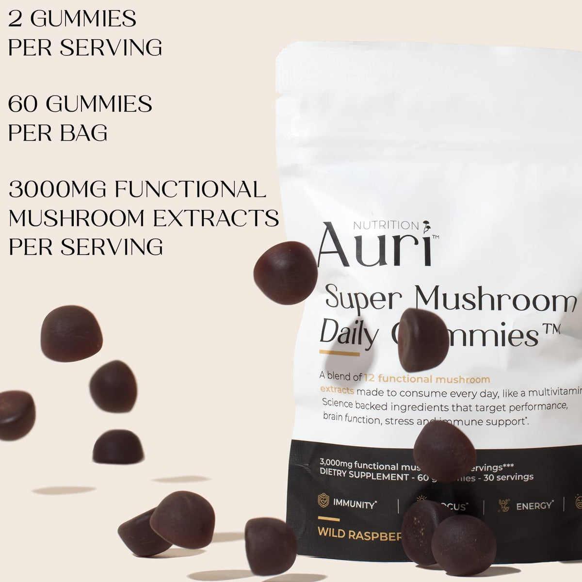 Auri Gummies Champignons 60 unités - présentation sur une table