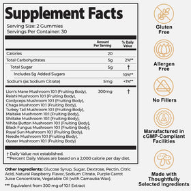 Auri Gummies Champignons 60 unités - vue de l'étiquette et des ingrédients