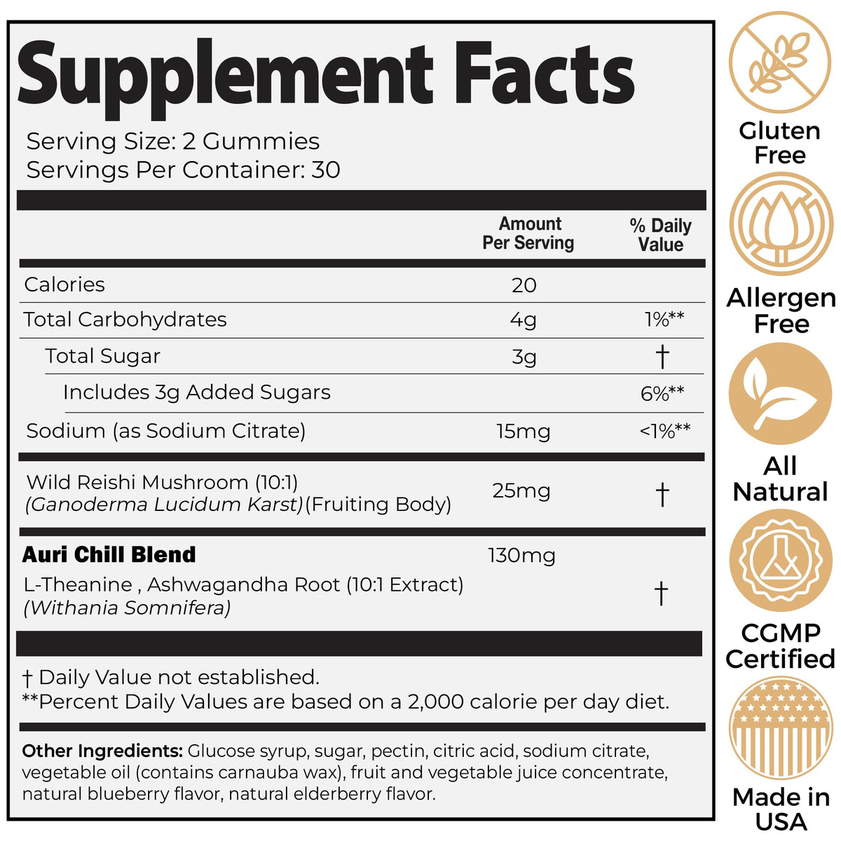 Auri Super Mushroom Chill Gummies nutrition facts