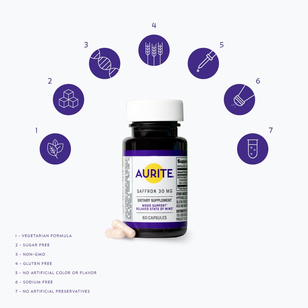 Aurite Saffran 30mg capsules dans un bol avec des herbes