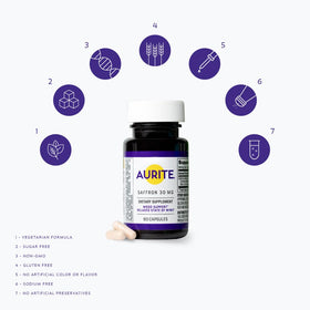 Aurite Saffran 30mg capsules dans un bol avec des herbes