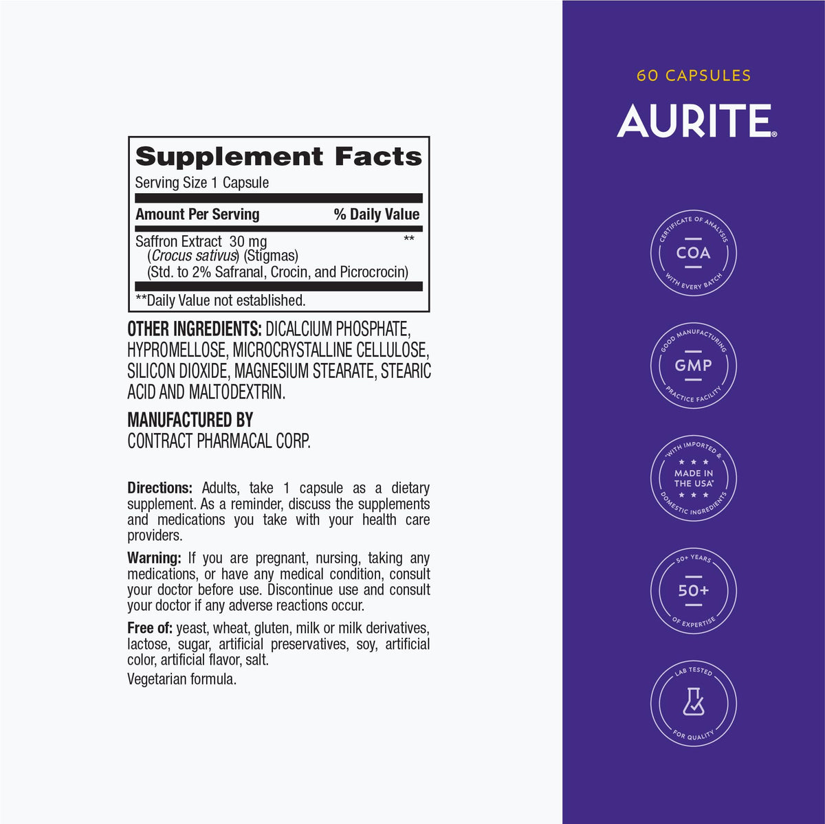 Aurite Saffran 30mg capsules de safran sur une surface en bois