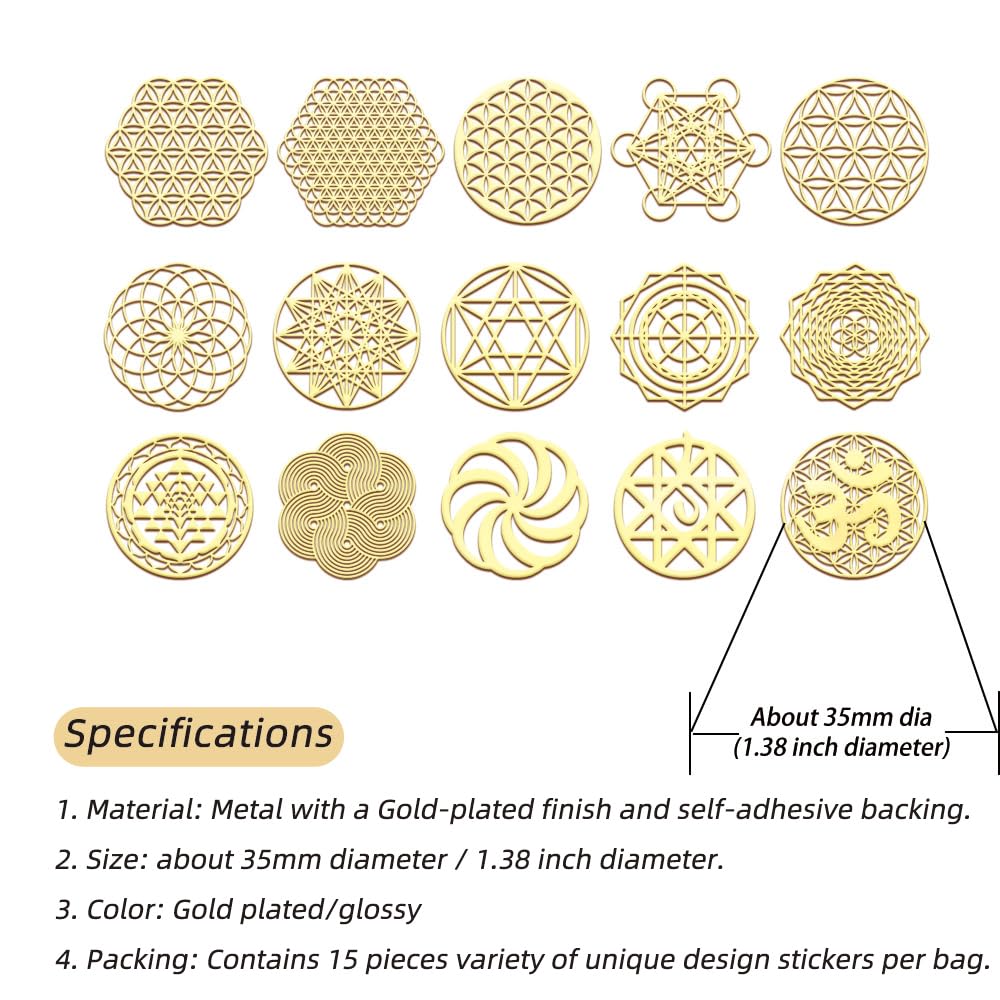 Autocollants métalliques Fleur de Vie Orgonite de METAL ARTEM, présentation sur une surface plane
