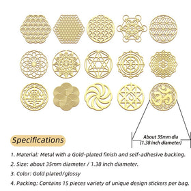 Autocollants métalliques Fleur de Vie Orgonite de METAL ARTEM, présentation sur une surface plane