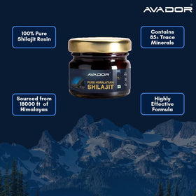 Avador résine de Shilajit Himalayen 20g en pot ouvert avec cuillère