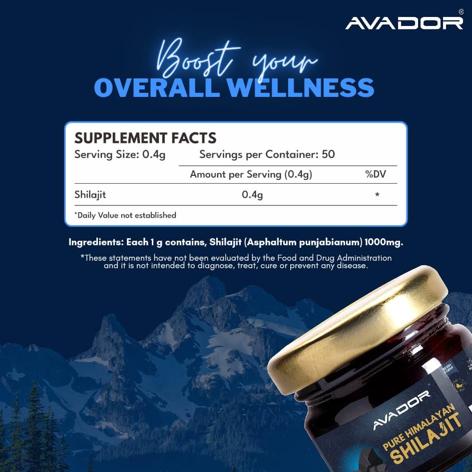 Avador résine de Shilajit Himalayen 20g vue arrière avec informations nutritionnelles