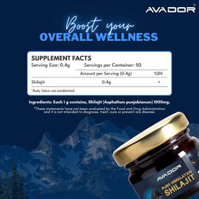 Avador résine de Shilajit Himalayen 20g vue arrière avec informations nutritionnelles