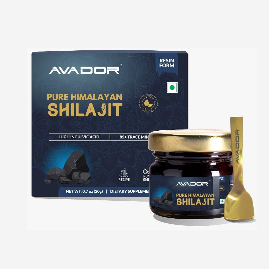 Avador résine de Shilajit Himalayen 20g vue avant avec cuillère incluse