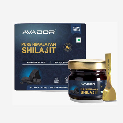 Avador résine de Shilajit Himalayen 20g vue avant avec cuillère incluse