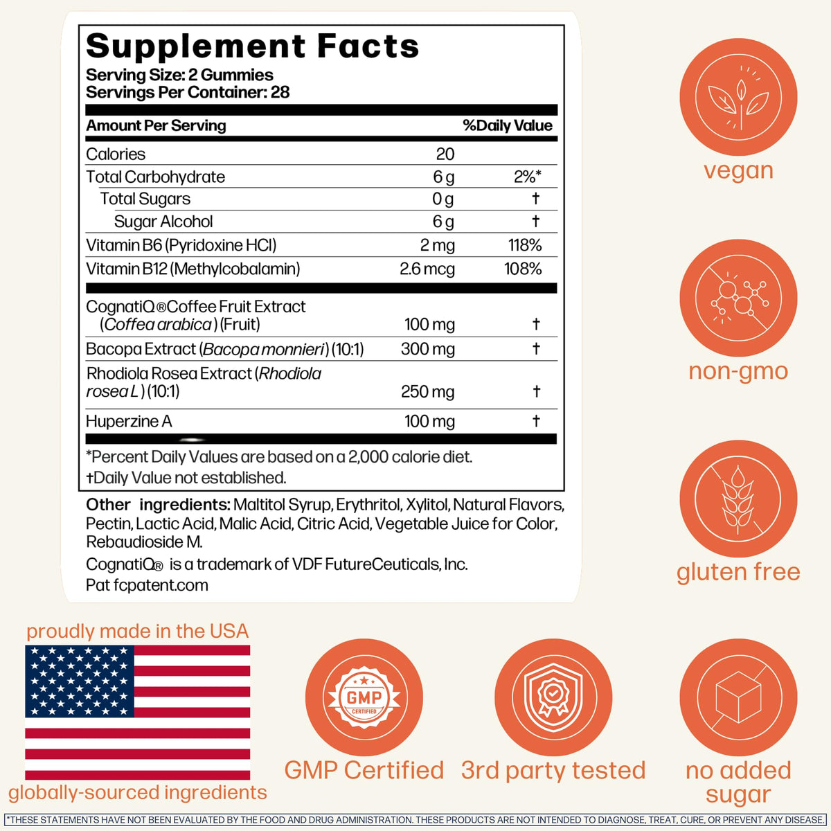 Avantera Gummies Nootropiques étiquette avec informations nutritionnelles