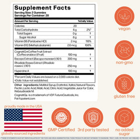 Avantera Gummies Nootropiques étiquette avec informations nutritionnelles