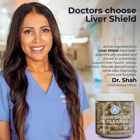Avenir Nutrition Liver Shield & Cleanse capsules on a wooden table