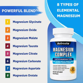 Aviroste Complément Alimentaire Magnésium 8 en 1 1200mg 90 Capsules avec étiquette