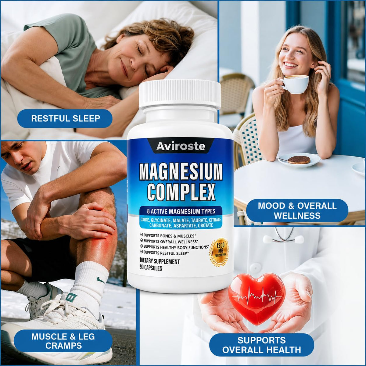 Aviroste Complément Alimentaire Magnésium 8 en 1 1200mg 90 Capsules en main