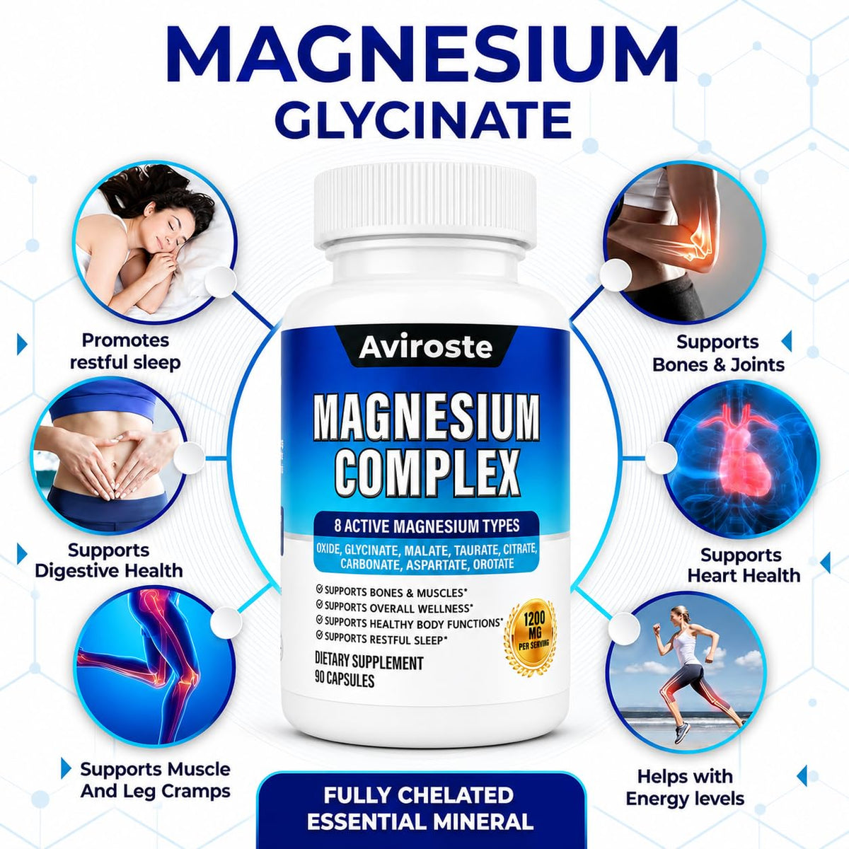 Aviroste Complément Alimentaire Magnésium 8 en 1 1200mg 90 Capsules sur fond blanc