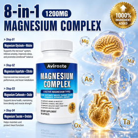 Aviroste Complément Alimentaire Magnésium 8 en 1 1200mg 90 Capsules sur une table