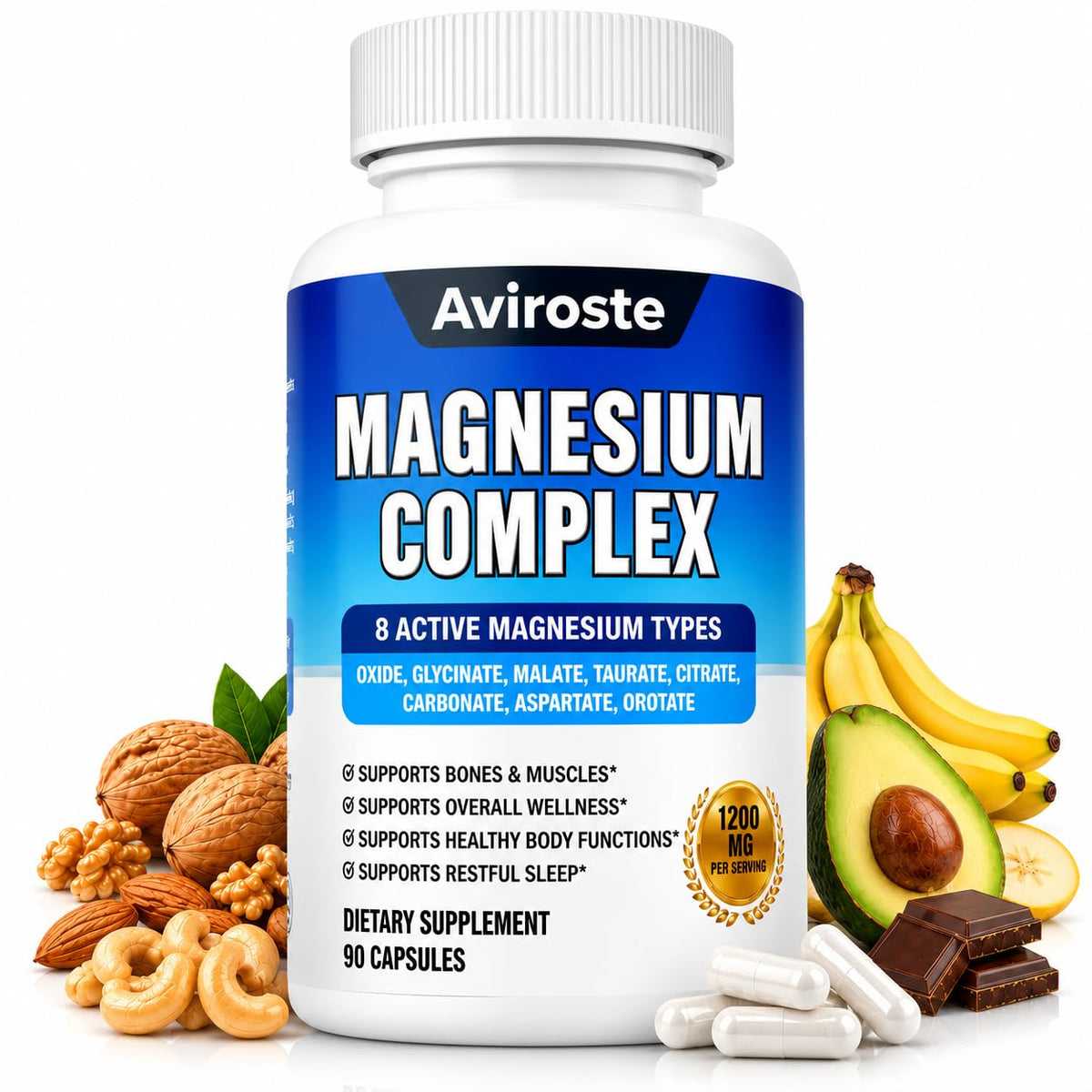 Aviroste Complément Alimentaire Magnésium 8 en 1 1200mg 90 Capsules vue avant
