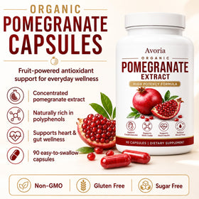 Avoria capsules d'extrait de grenade bio sur une table