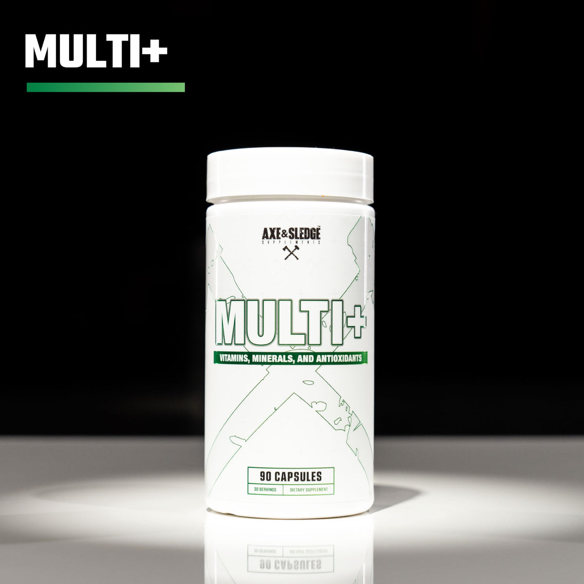 Axe & Sledge Multi Plus Multivitamin pot avec capsules sur fond blanc