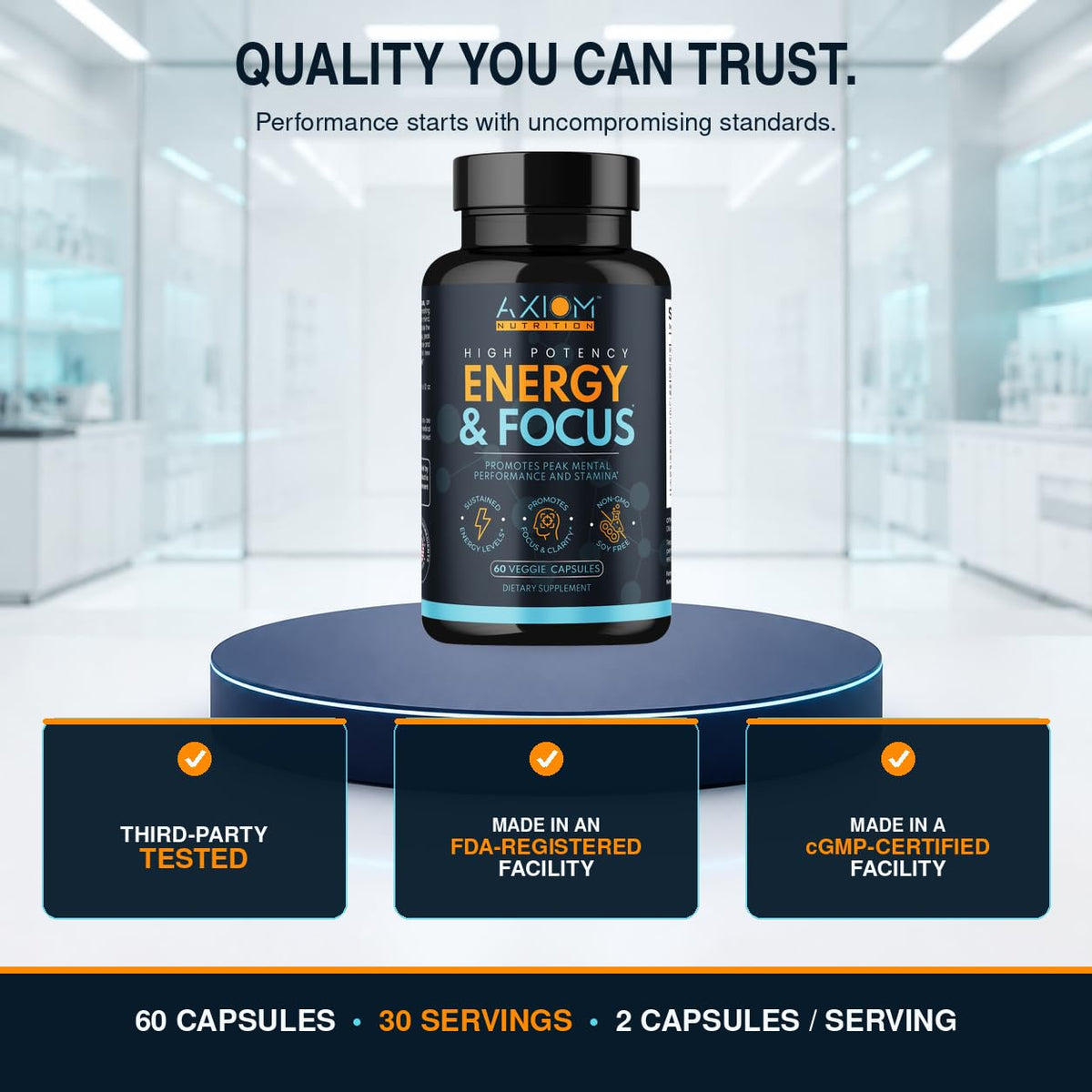 Axiom Nutrition Énergie et Concentration capsules dans une main