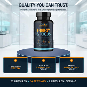 Axiom Nutrition Énergie et Concentration capsules dans une main