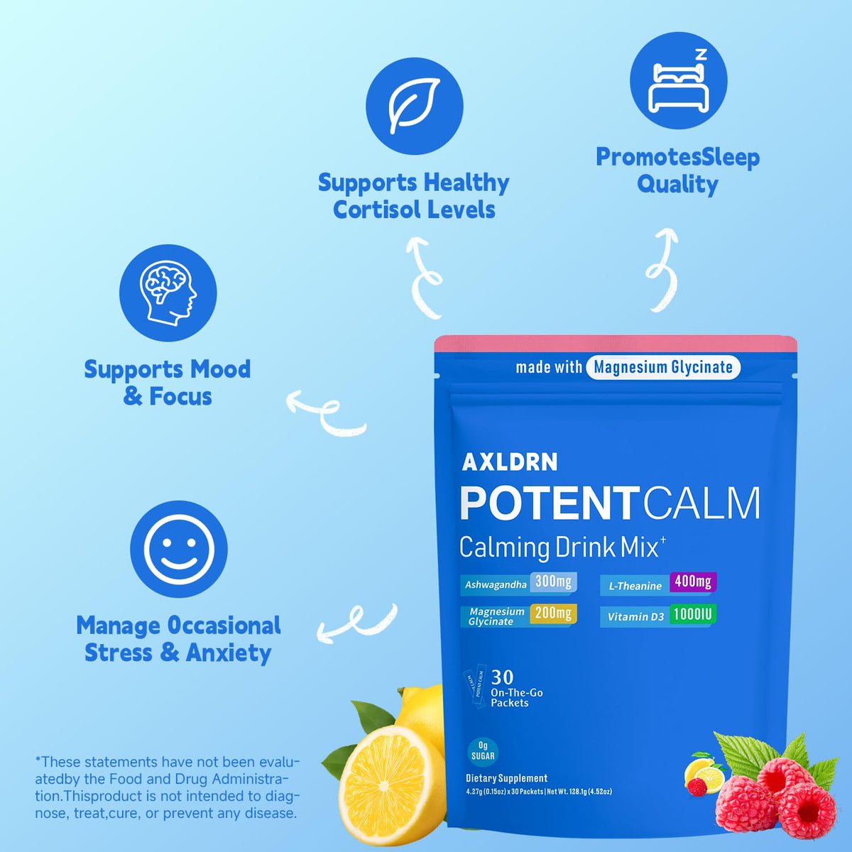 Axldrn PotentCalm Poudre de Magnésium avec ingrédients