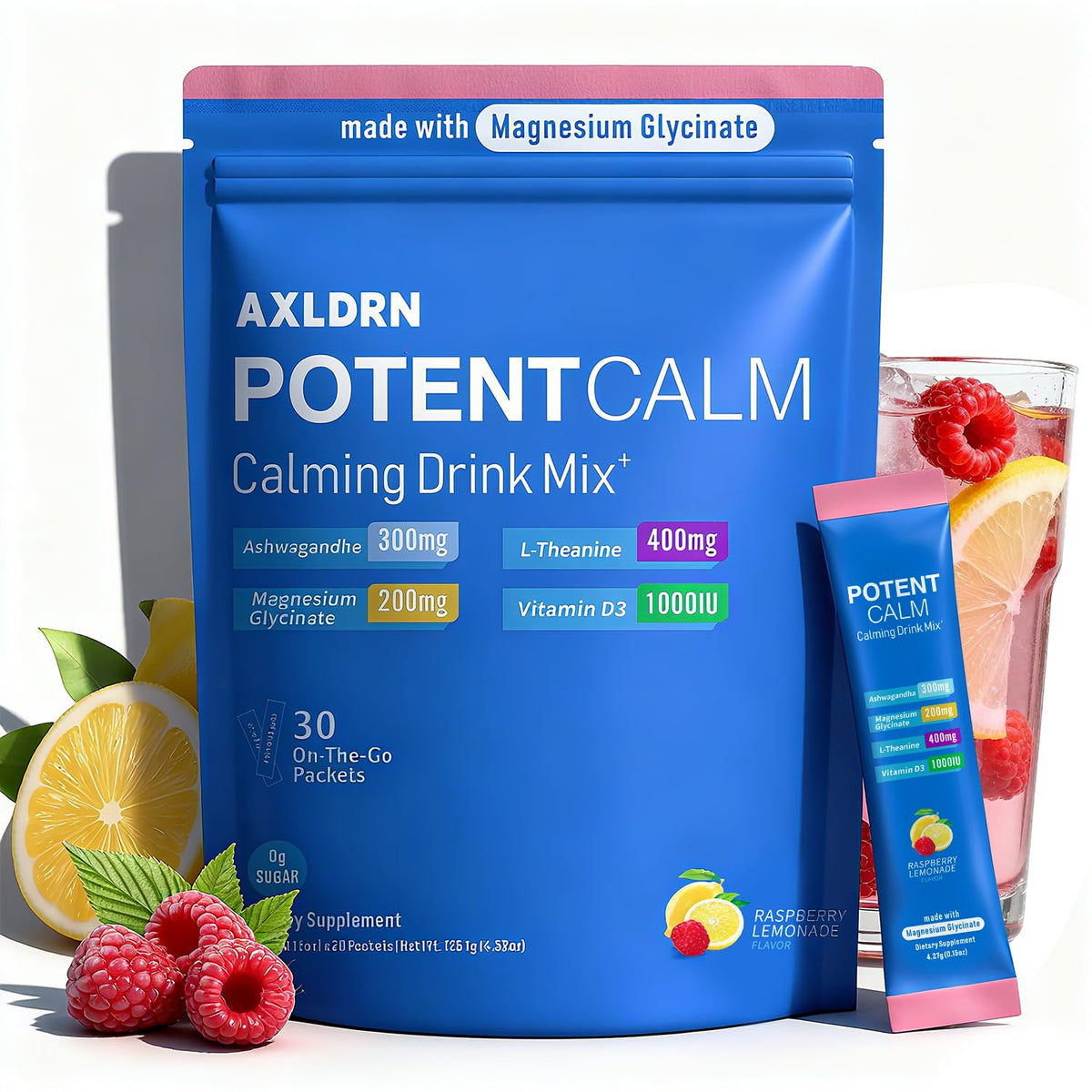 Axldrn PotentCalm Poudre de Magnésium goût framboise citron vue avant