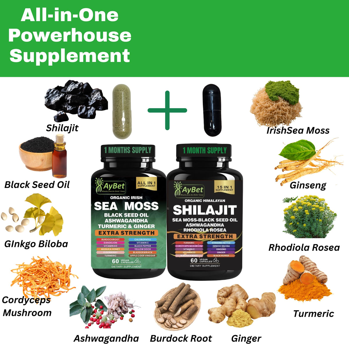 AyBet Complément Alimentaire Algues Marines et Shilajit gélules sur fond blanc