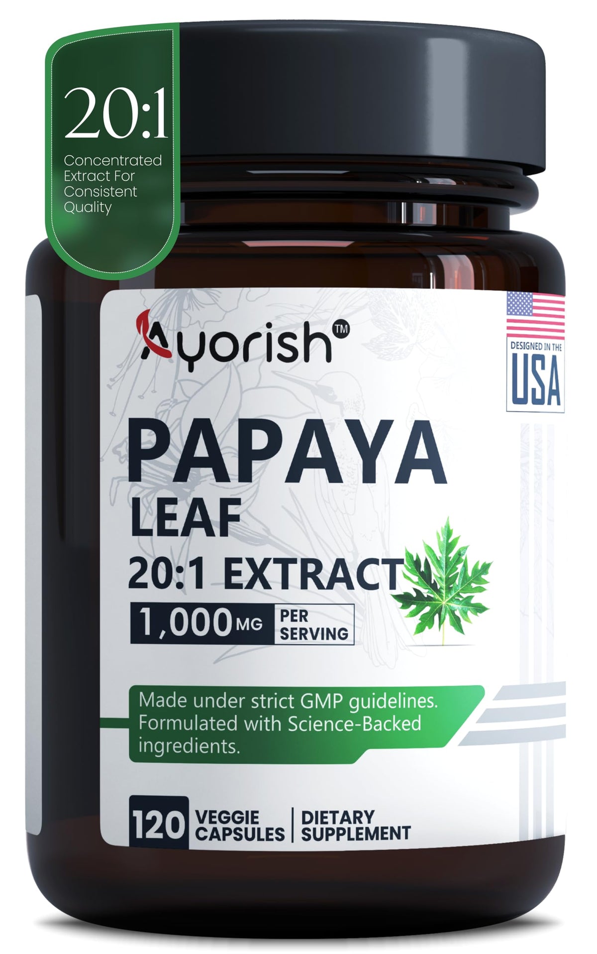 Ayorish Extrait de Feuille de Papaye 1000mg 120 Capsules vue de face