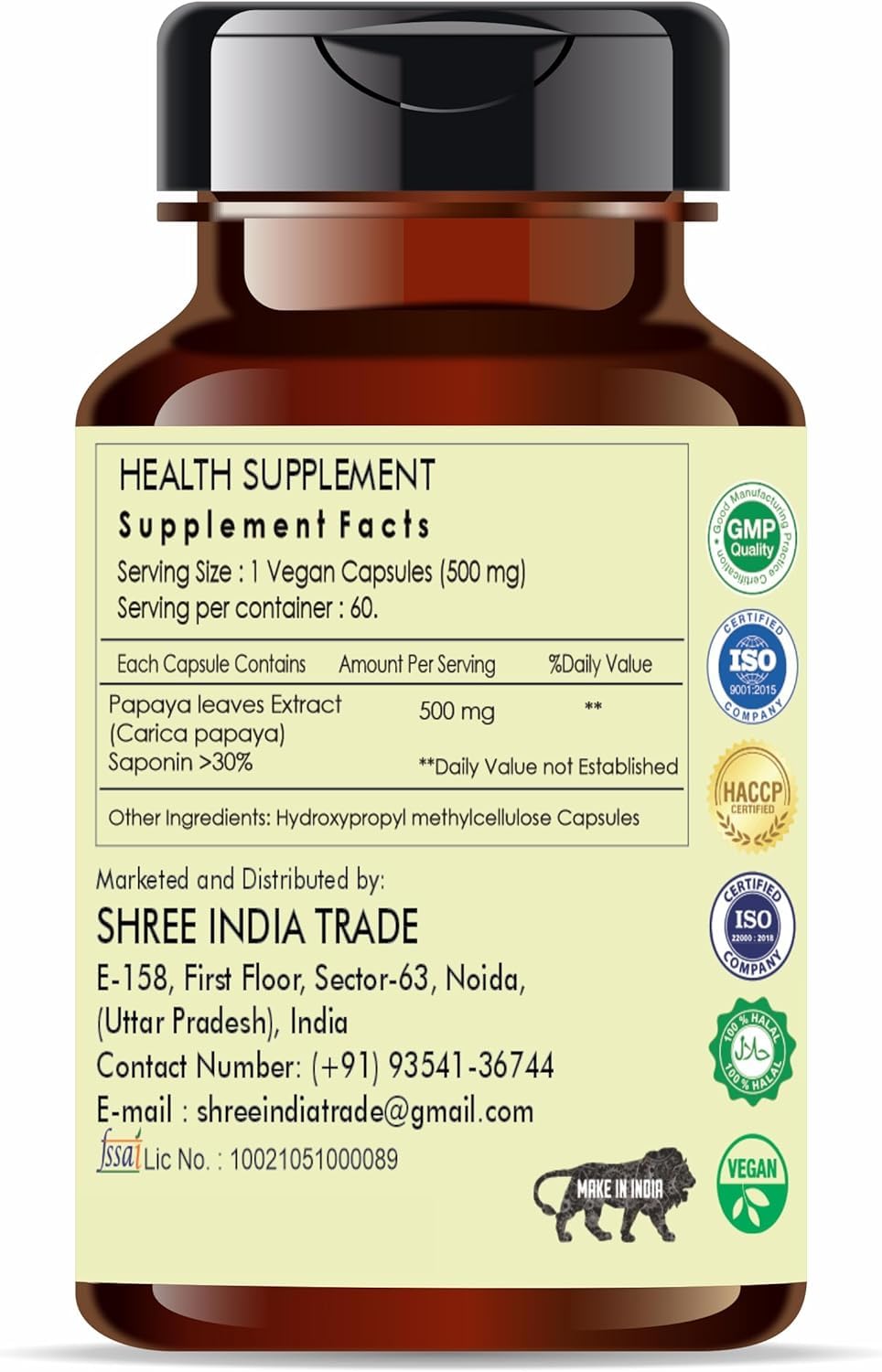 AYURVEDASHREE Extrait de Papaye 500mg - capsules végétariennes individuelles
