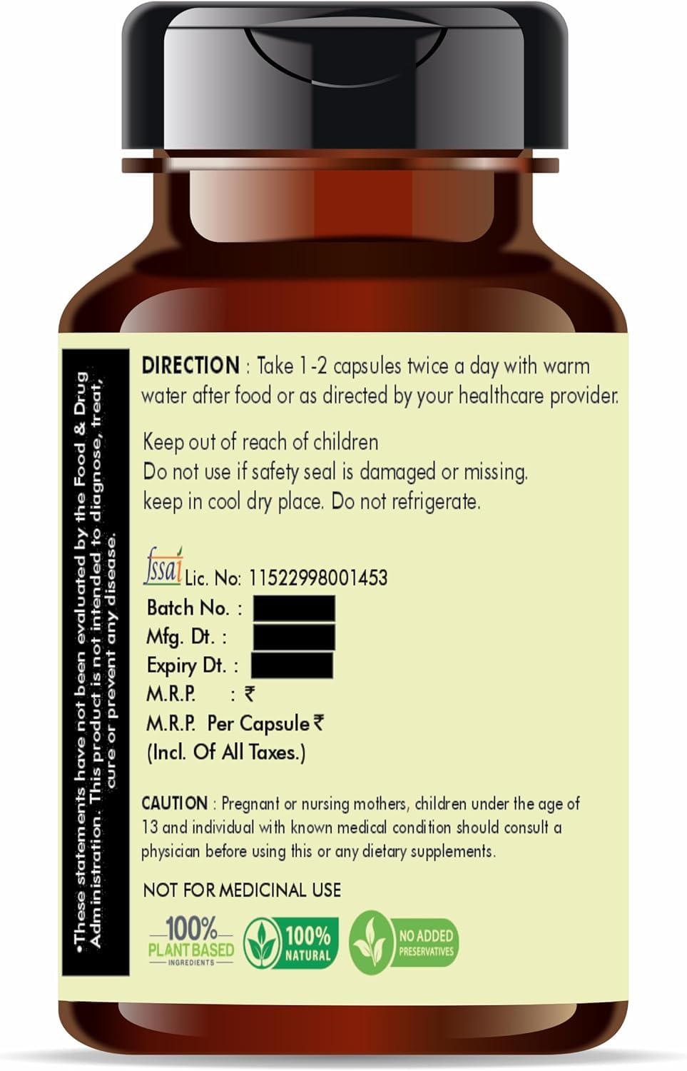 AYURVEDASHREE Extrait de Papaye 500mg - vue de l'emballage avec dimensions