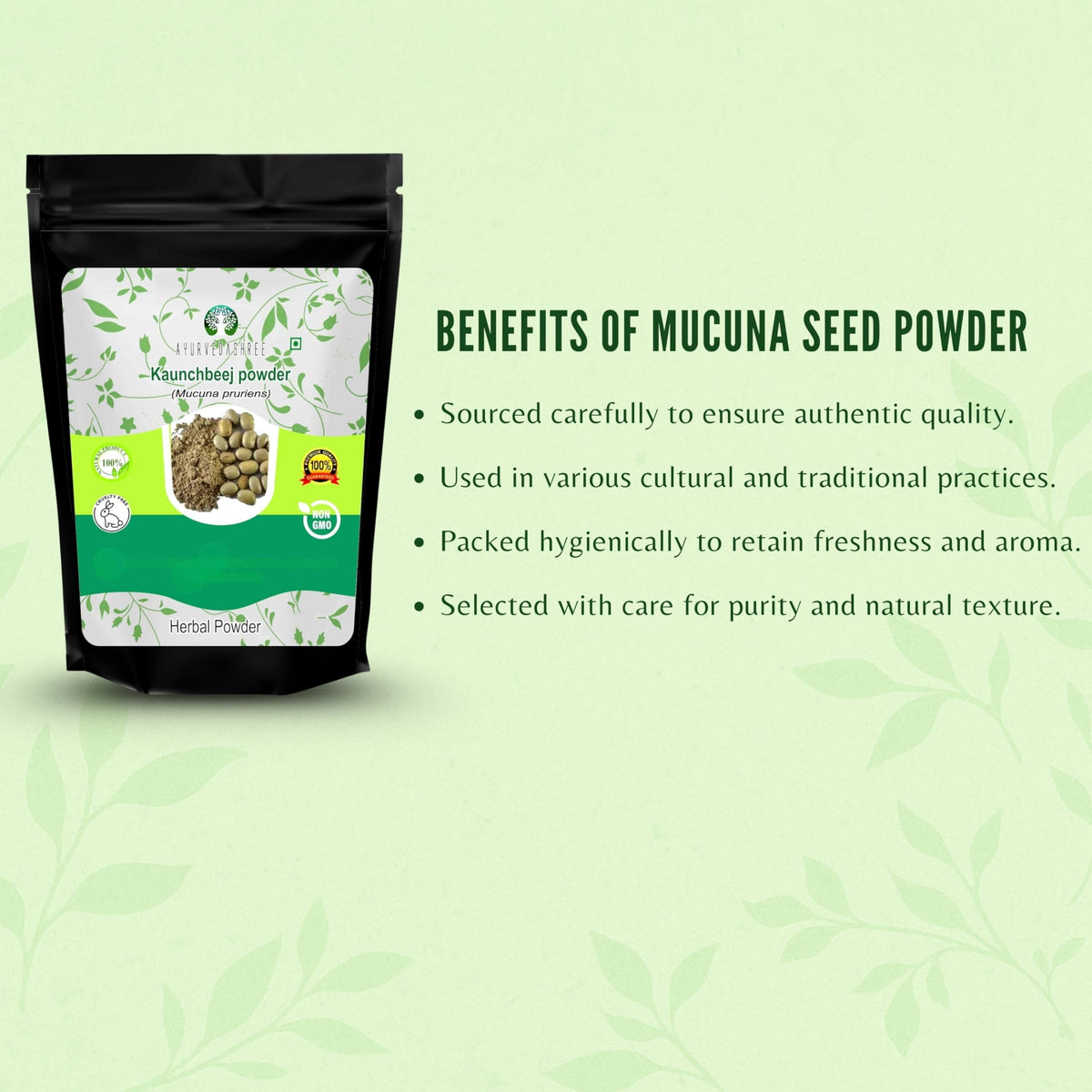 AYURVEDASHREE Poudre de Graines de Mucuna avec des fleurs de Mucuna en arrière-plan
