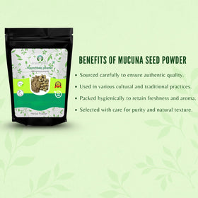 AYURVEDASHREE Poudre de Graines de Mucuna avec des fleurs de Mucuna en arrière-plan