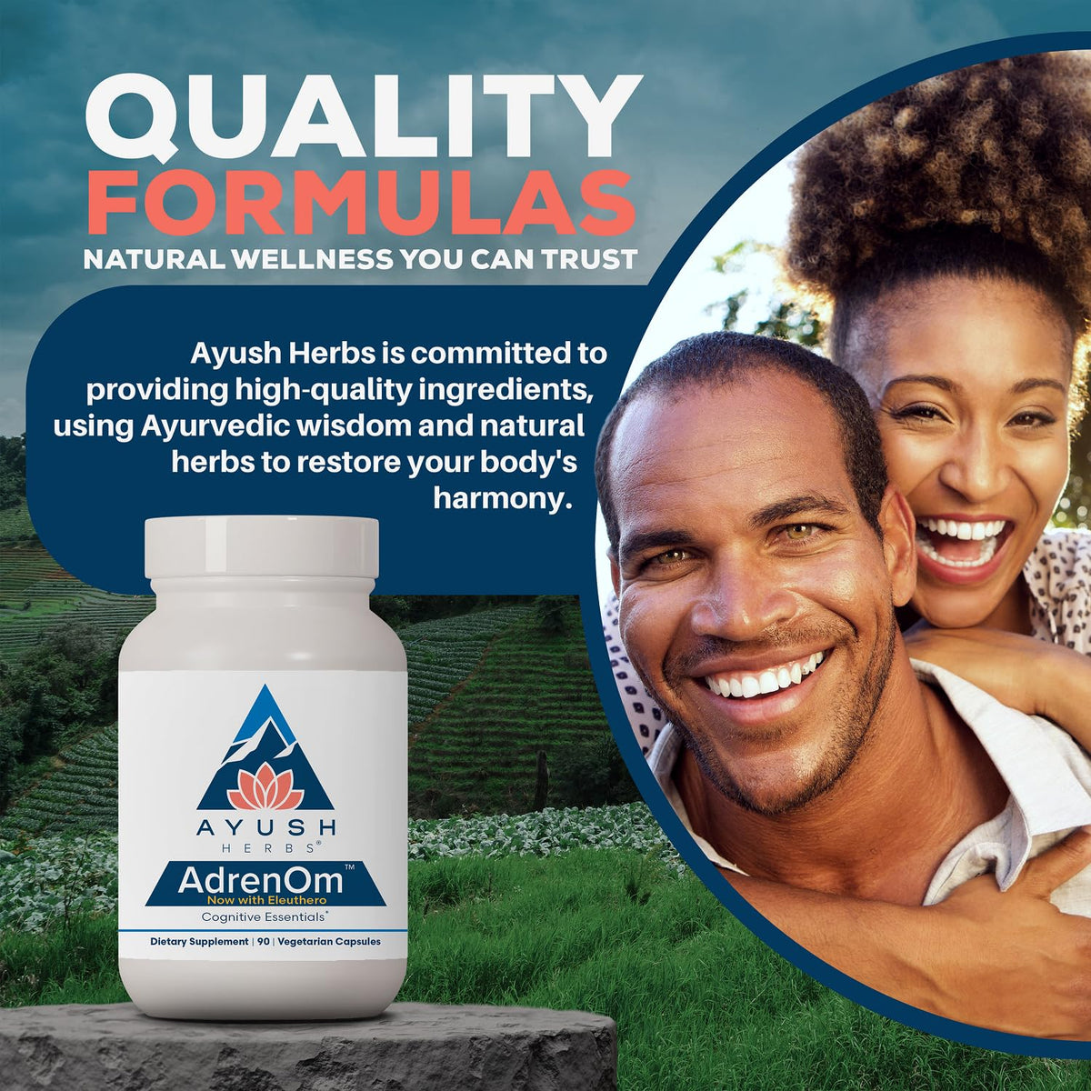 Ayush Herbs AdrenOm 90 capsules avec une plante en arrière-plan