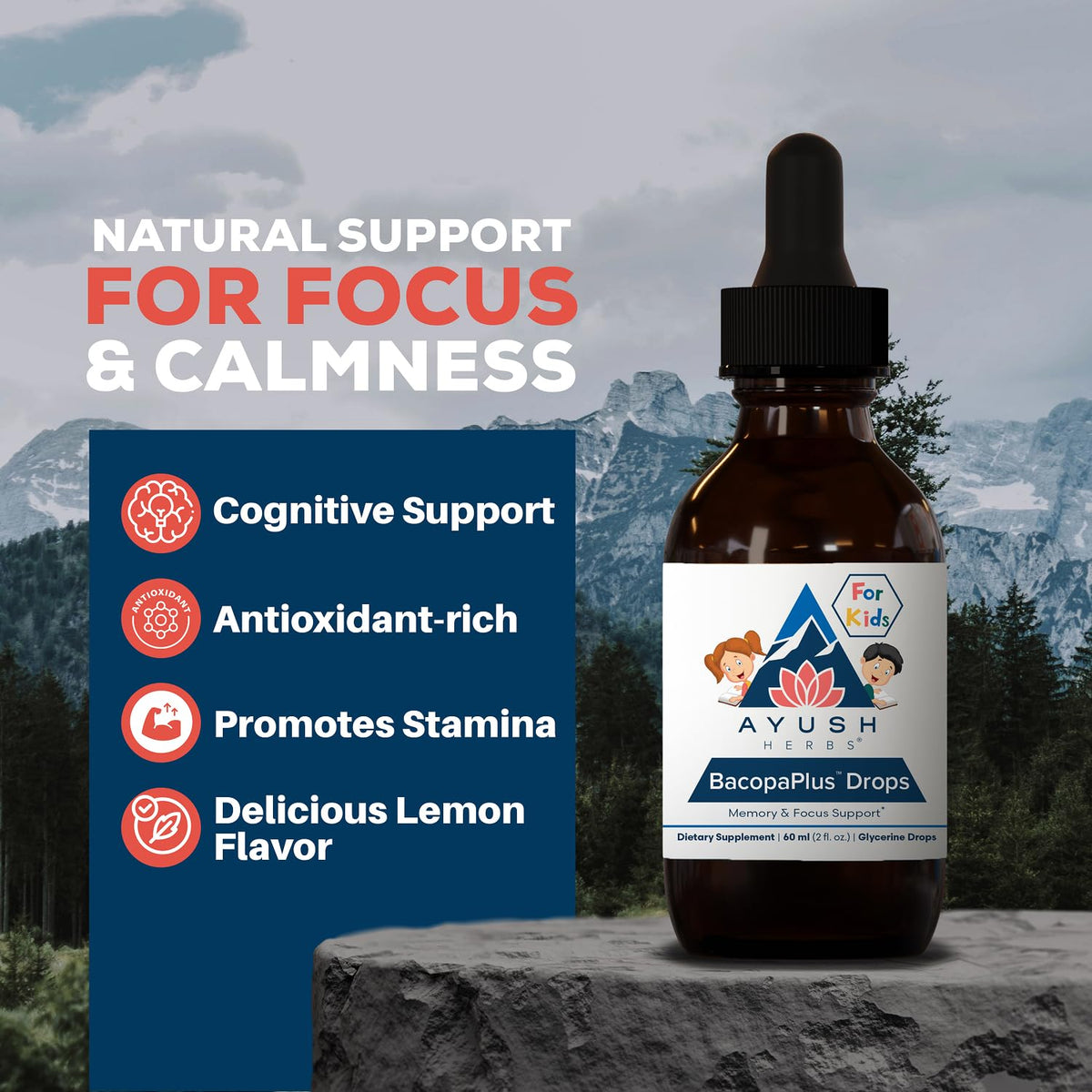 Ayush Herbs BacopaPlus Gouttes étiquette avec ingrédients