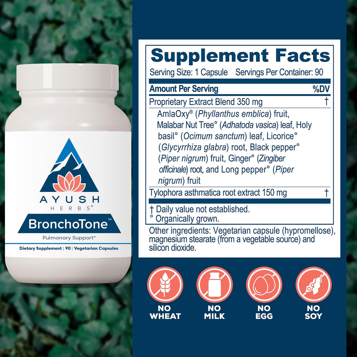 Ayush Herbs Bronchotone capsules sur une surface en bois
