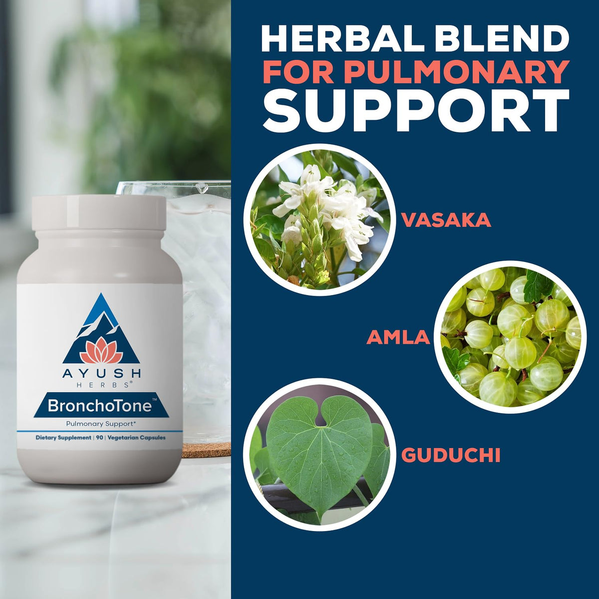Ayush Herbs Bronchotone prise de capsules avec un verre d'eau