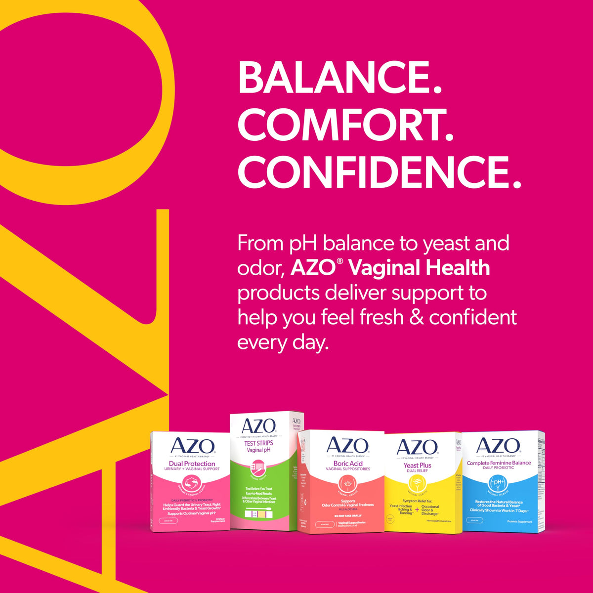 AZO Complément Alimentaire Probiotiques et Prébiotiques, image de groupe avec d'autres produits de santé