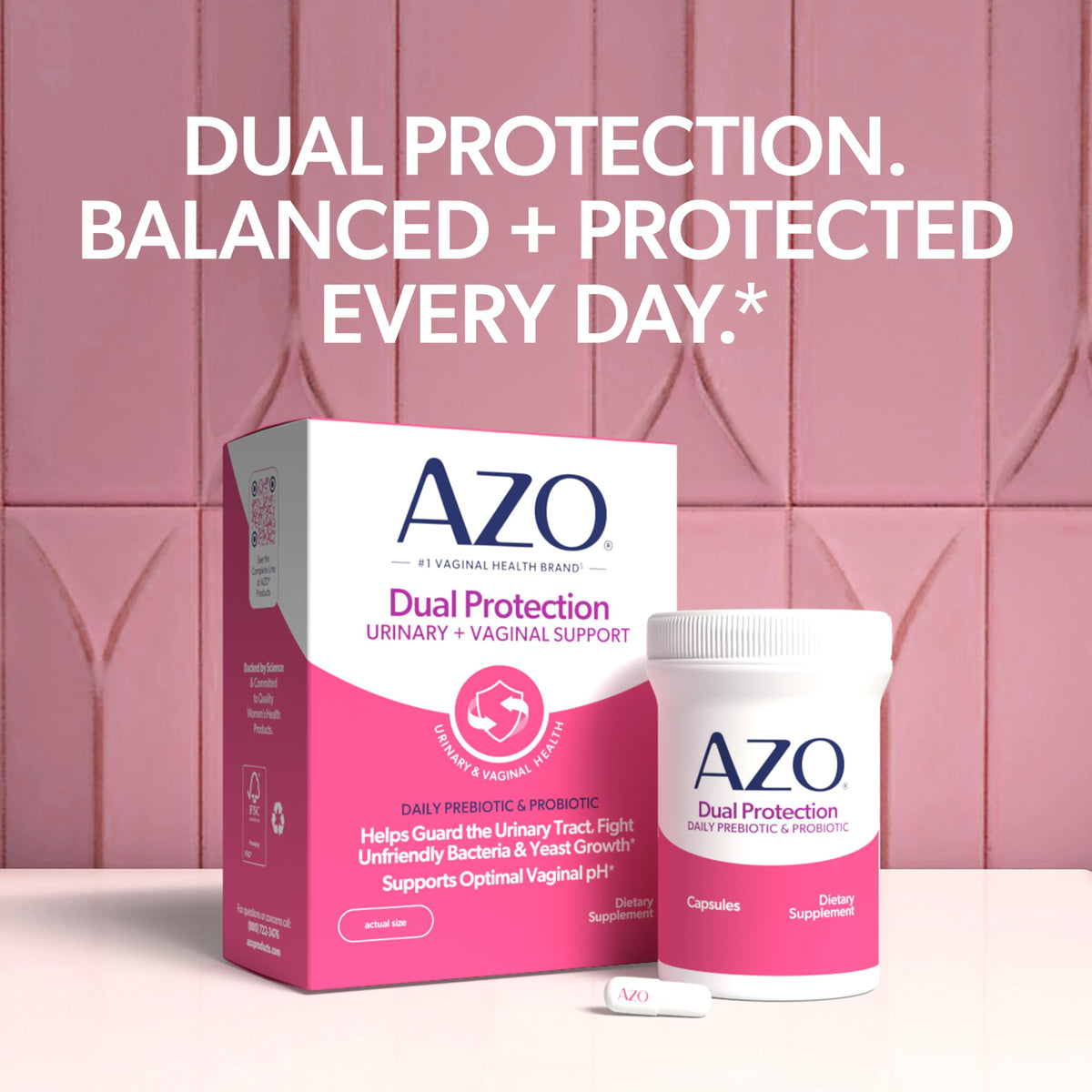 AZO Complément Alimentaire Probiotiques et Prébiotiques, présentation des capsules sur fond naturel