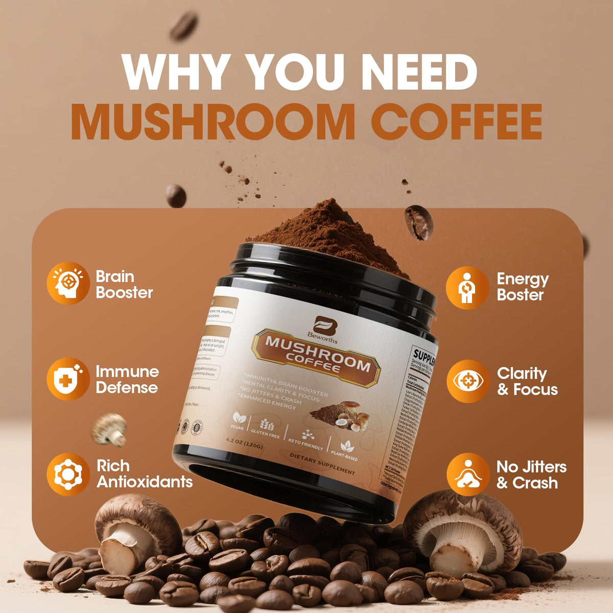 B BEWORTHS Café aux Champignons Poudre avec Huile MCT