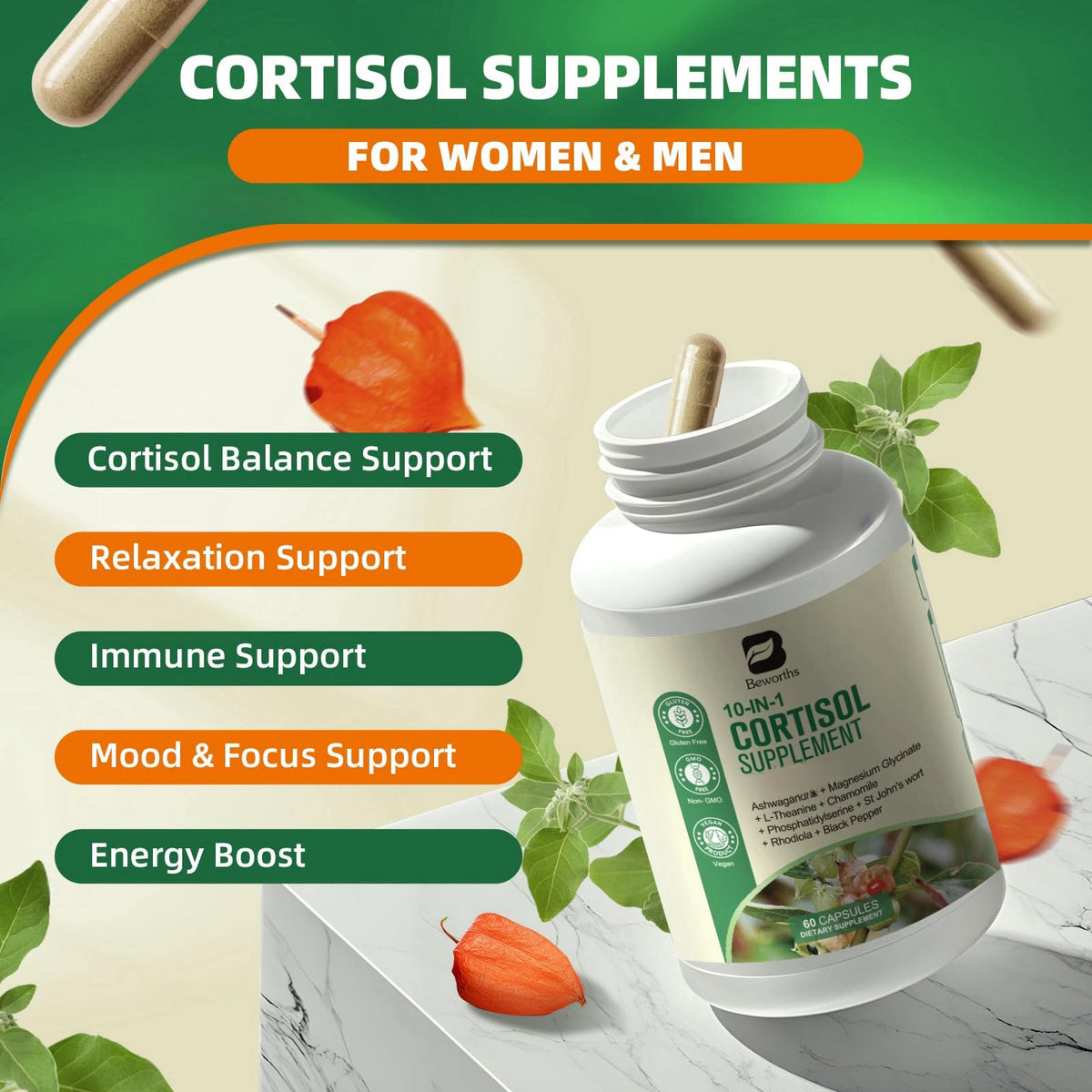 B BEWORTHS Compléments Alimentaires Cortisol 10-en-1 60 Capsules Végétaliennes ingrédients