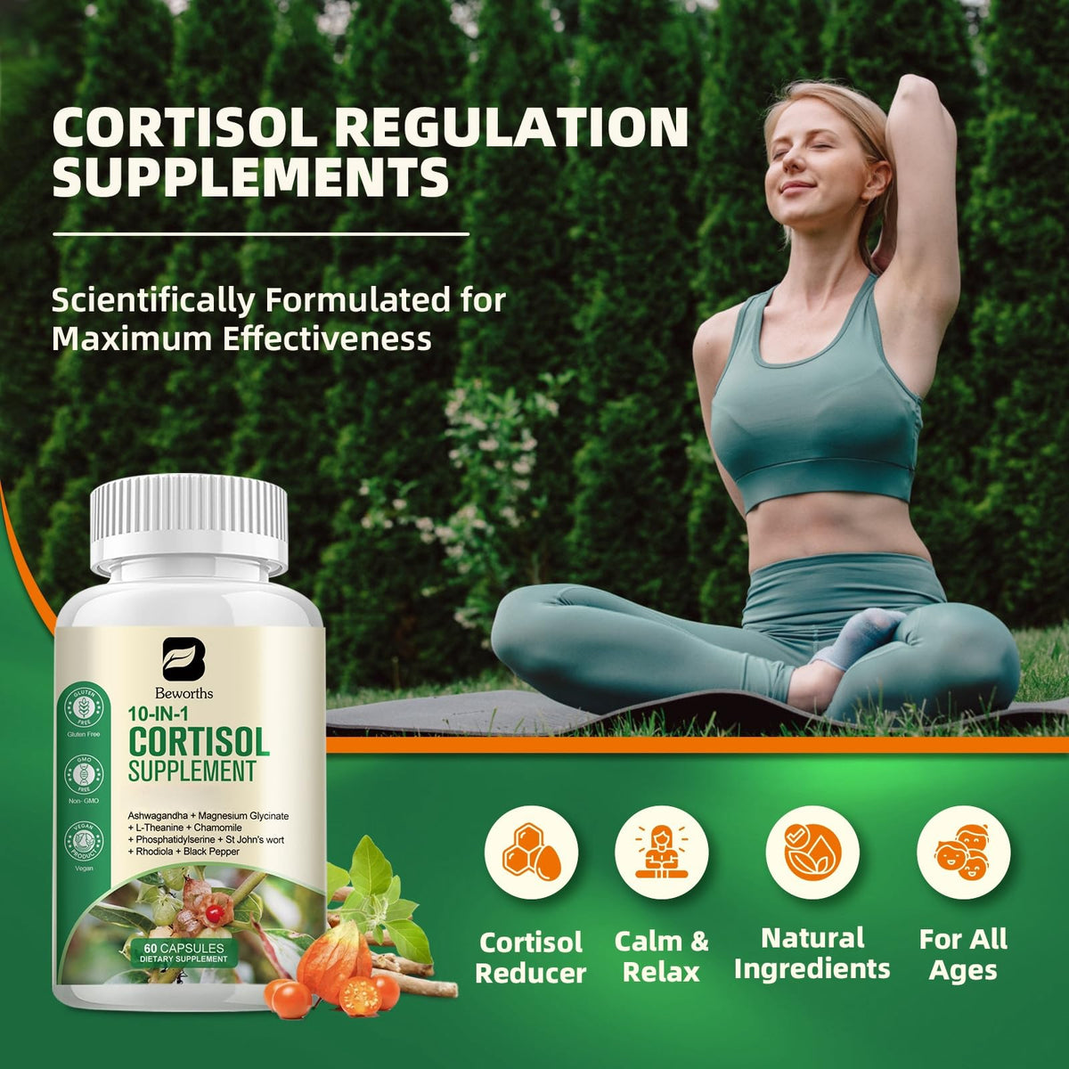 B BEWORTHS Compléments Alimentaires Cortisol 10-en-1 60 Capsules Végétaliennes côté