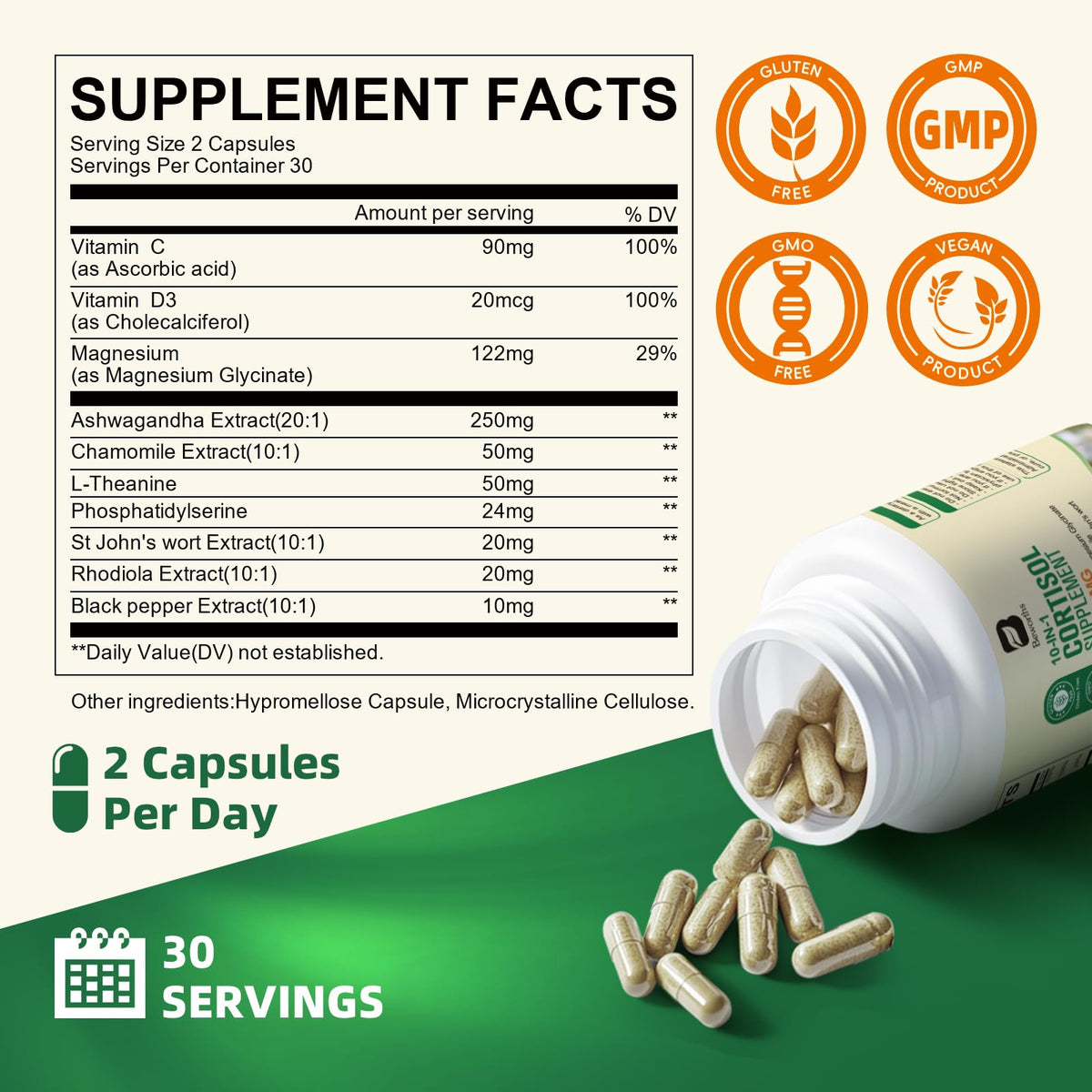 B BEWORTHS Compléments Alimentaires Cortisol 10-en-1 60 Capsules Végétaliennes sur une table