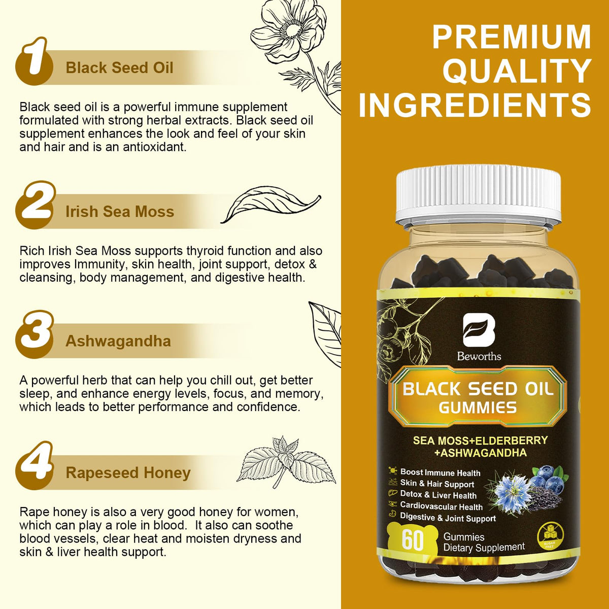 B BEWORTHS Gummies Huile de Graines Noires 120 Gummies - bouteille ouverte