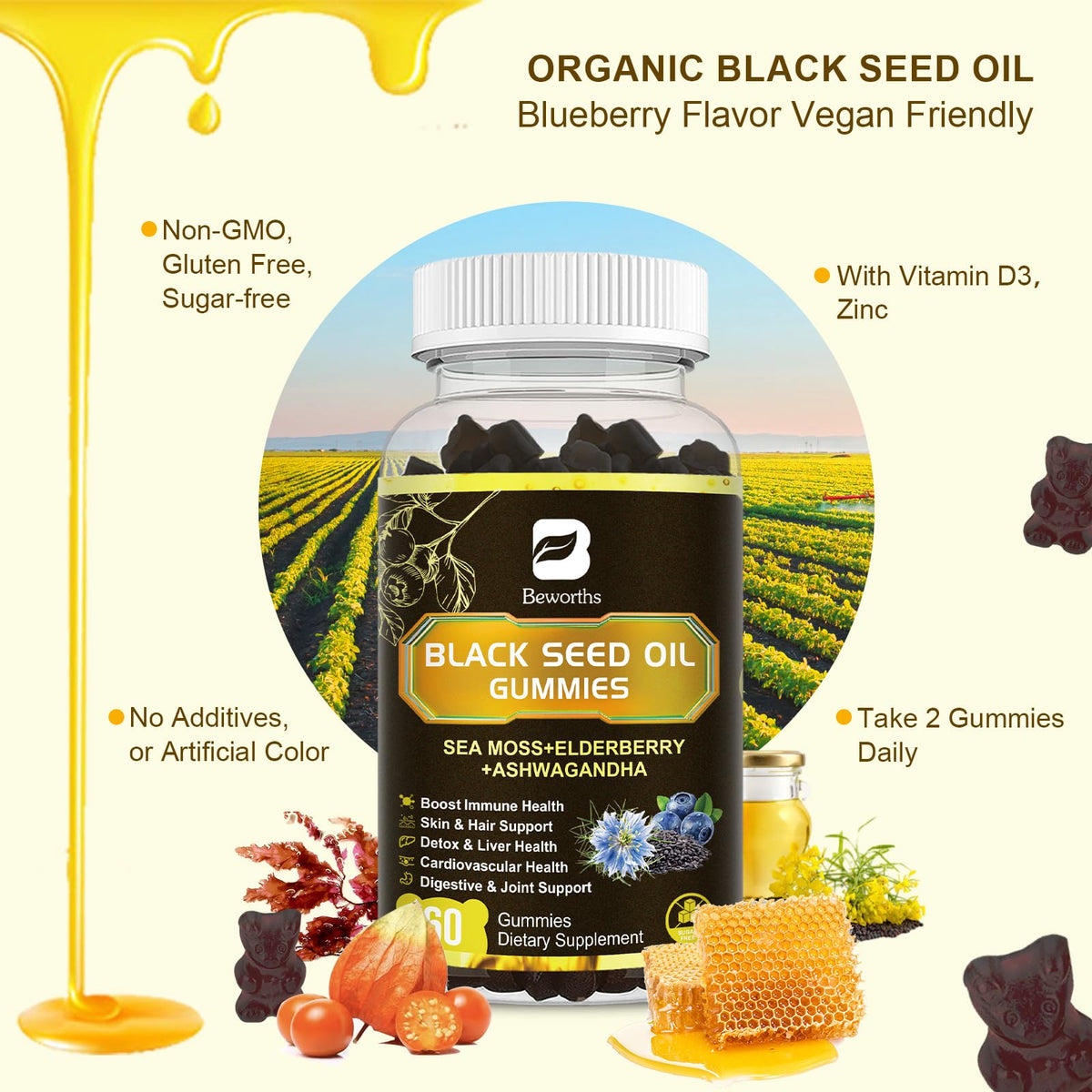 B BEWORTHS Gummies Huile de Graines Noires 120 Gummies - prise d'un gummy