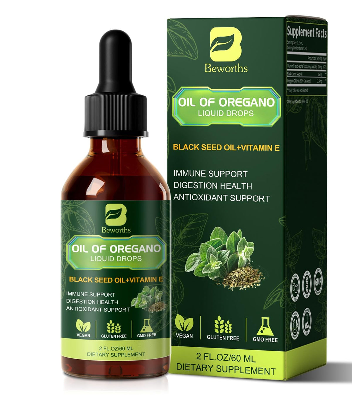B BEWORTHS huile d'origan avec huile de graines noires, vue de face