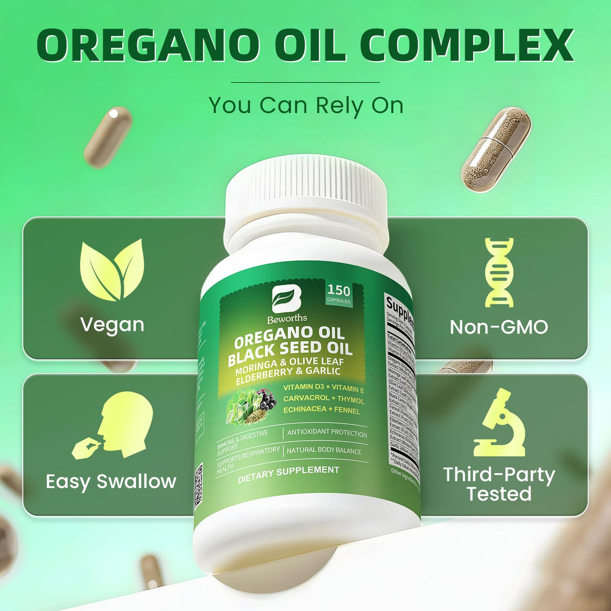 B BEWORTHS huile d'origan capsules à côté d'autres compléments