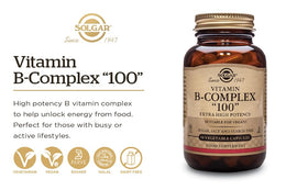 B-Complex 100 de Solgar, comprimés sur une surface blanche
