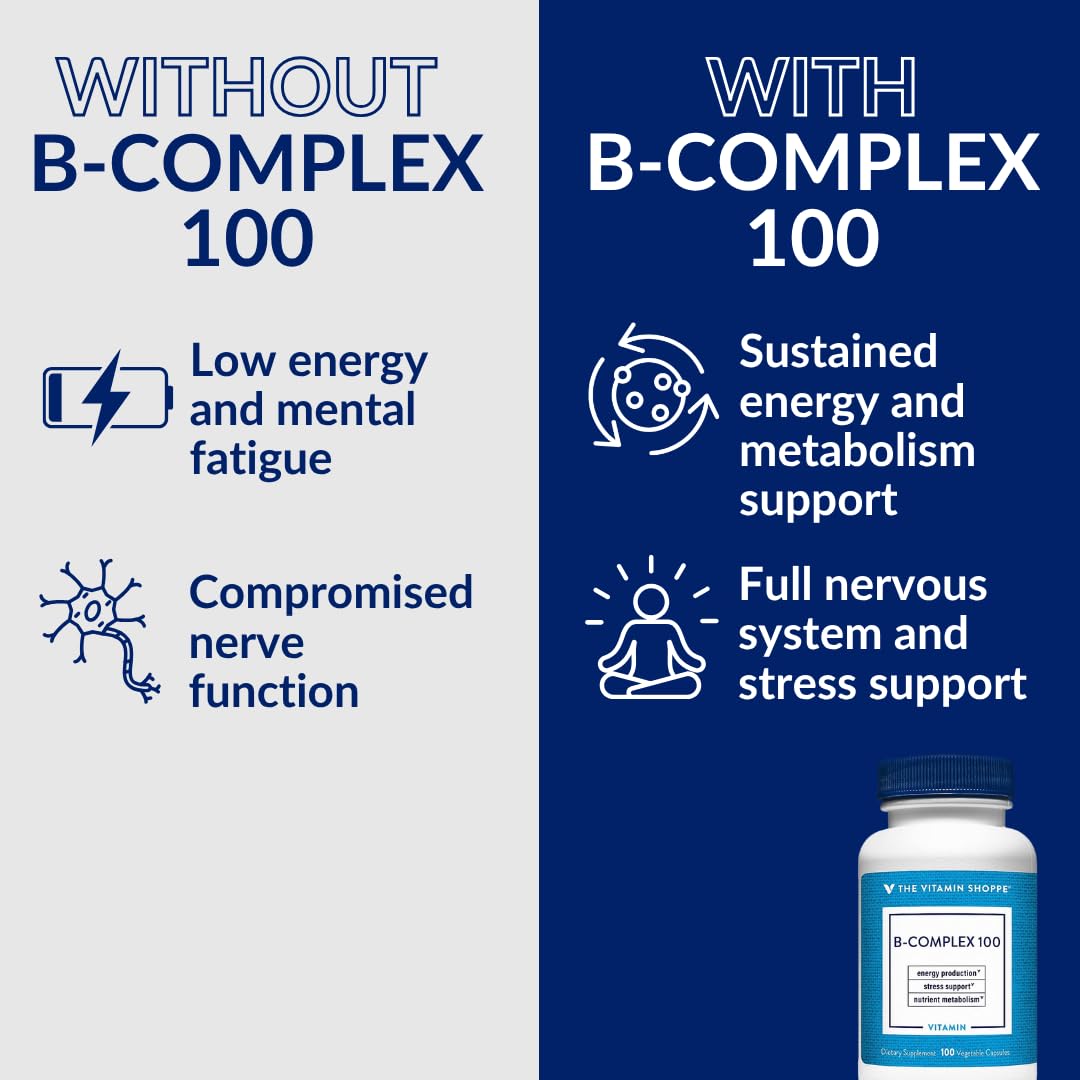 B-Complex de The Vitamin Shoppe avec des légumes frais en arrière-plan