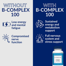 B-Complex de The Vitamin Shoppe avec des légumes frais en arrière-plan
